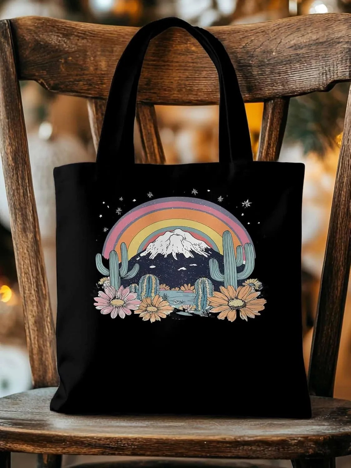 Canvas Tote Bag, Western Mountain Rainbow Cactus Flower patterned Canvas Tote Handbags for Women Shoulder Bag,