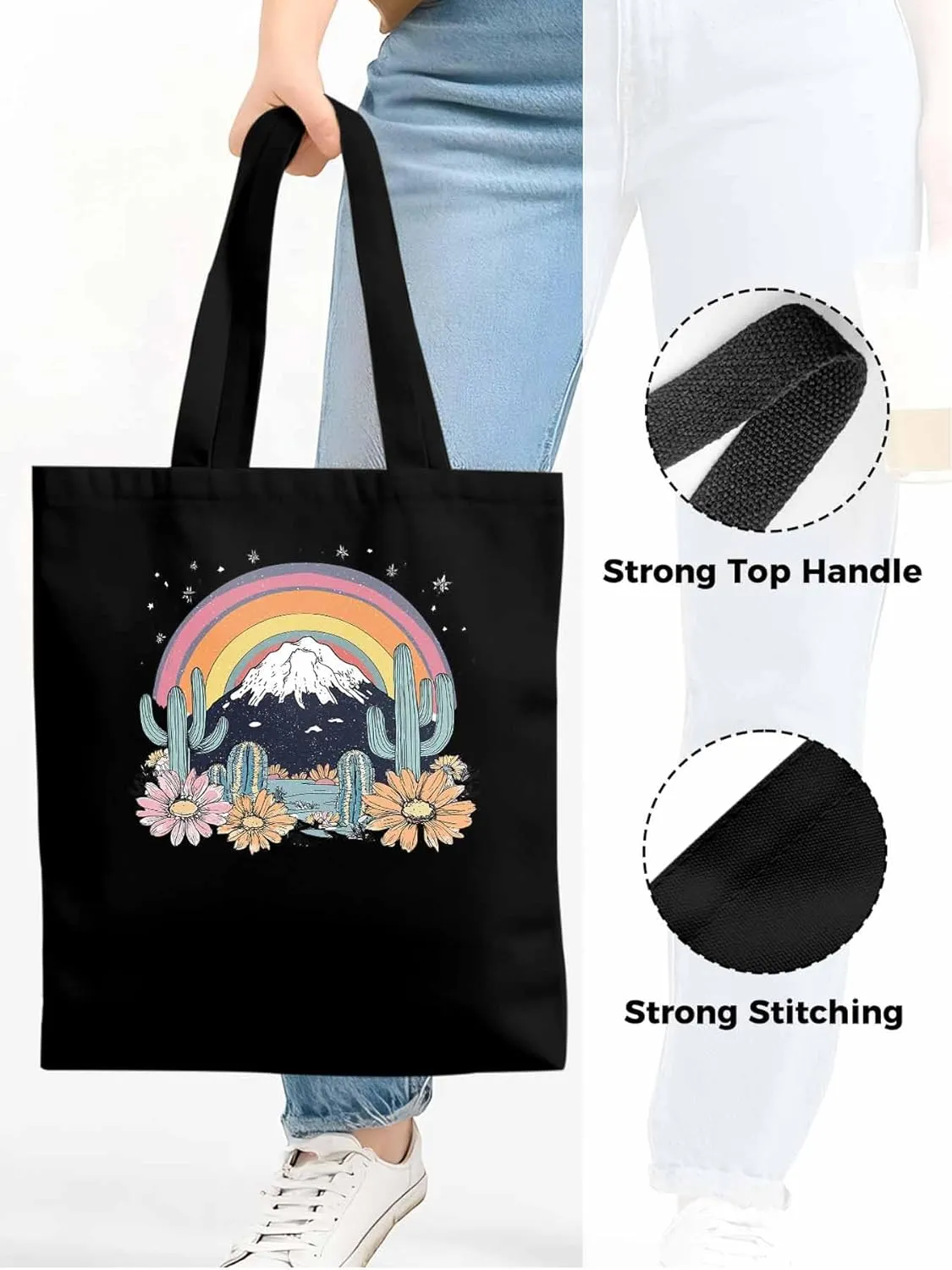 Canvas Tote Bag, Western Mountain Rainbow Cactus Flower patterned Canvas Tote Handbags for Women Shoulder Bag,