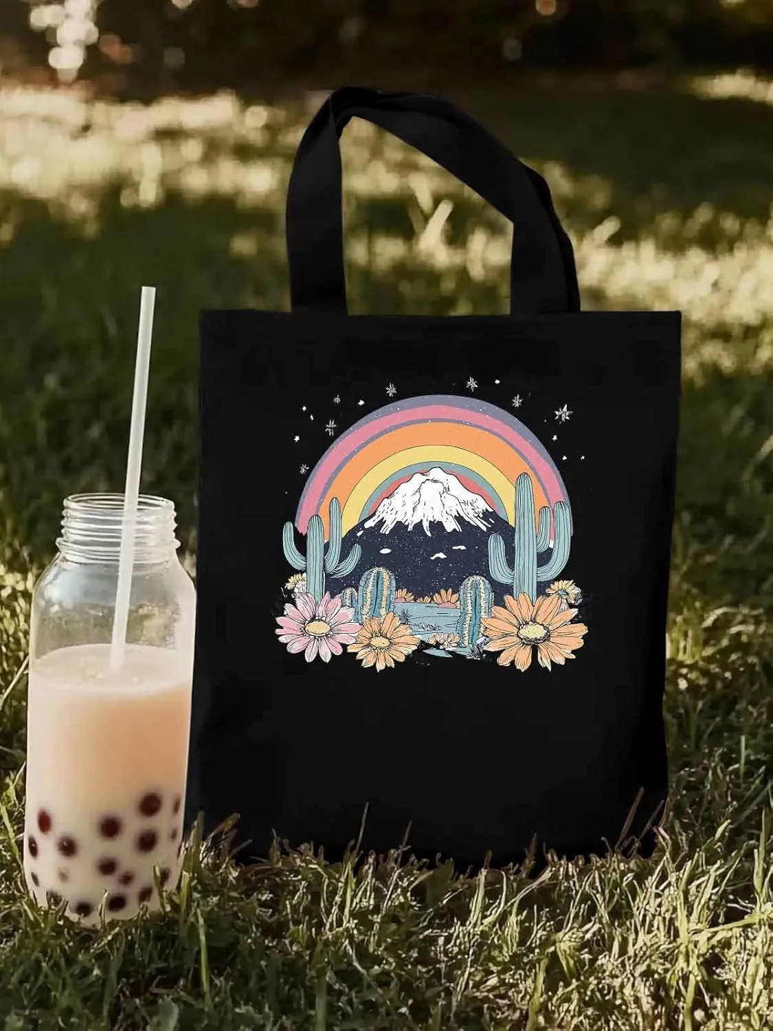Canvas Tote Bag, Western Mountain Rainbow Cactus Flower patterned Canvas Tote Handbags for Women Shoulder Bag,