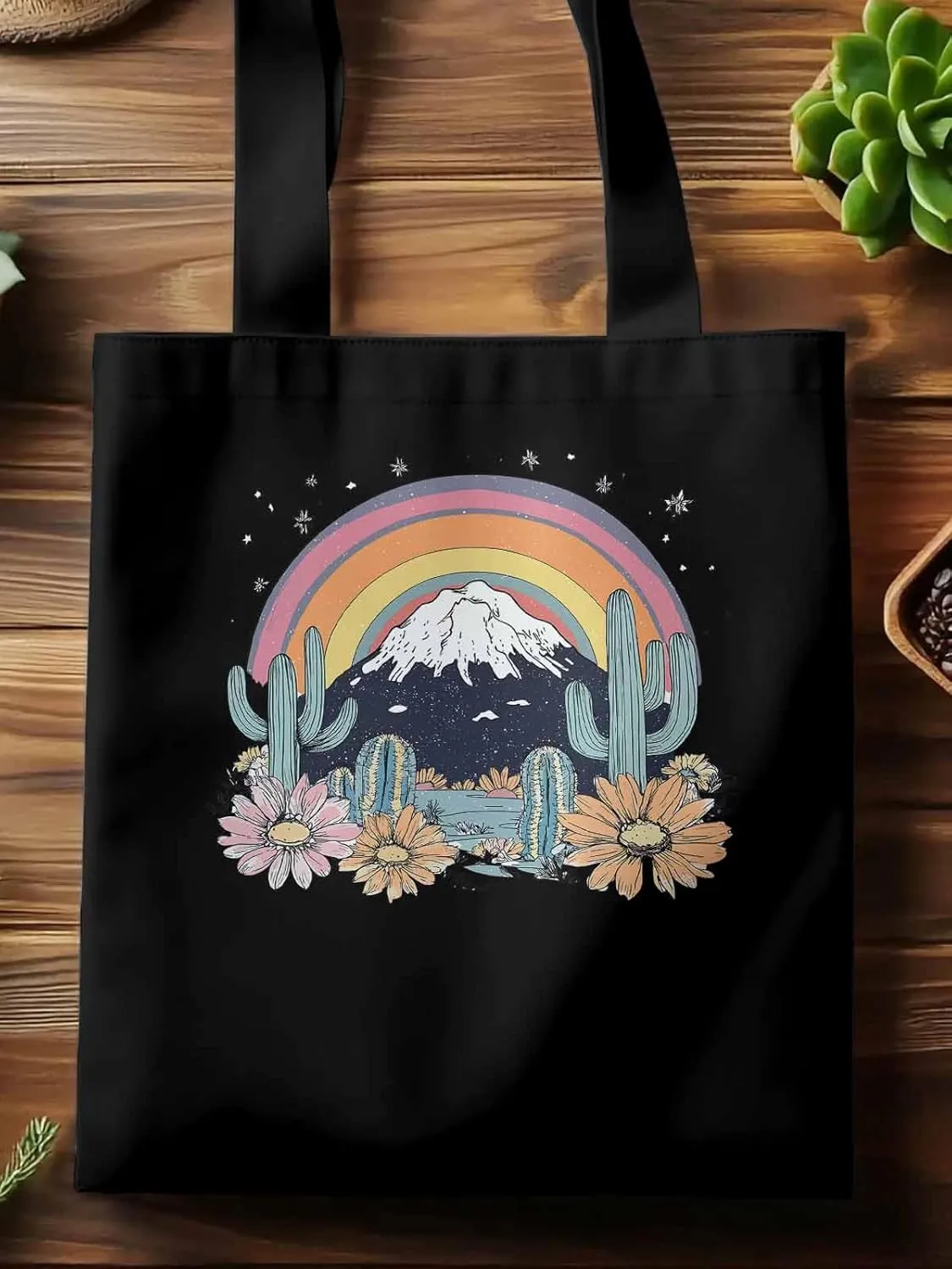 Canvas Tote Bag, Western Mountain Rainbow Cactus Flower patterned Canvas Tote Handbags for Women Shoulder Bag,