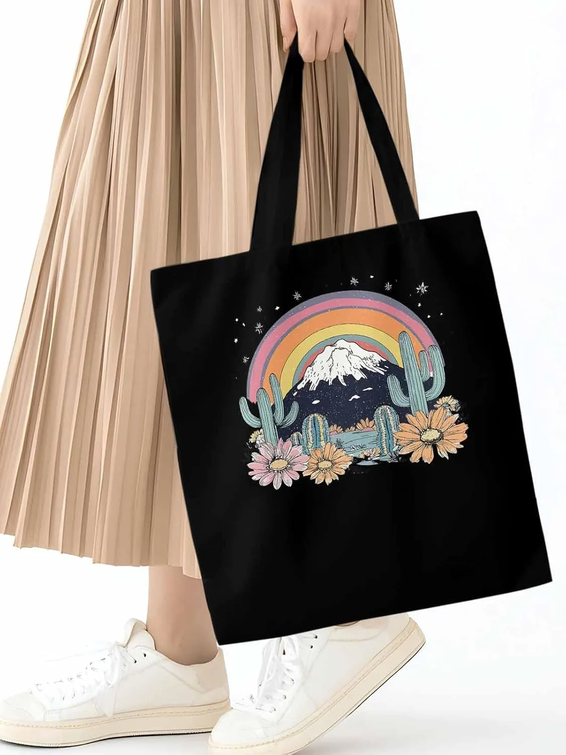 Canvas Tote Bag, Western Mountain Rainbow Cactus Flower patterned Canvas Tote Handbags for Women Shoulder Bag,