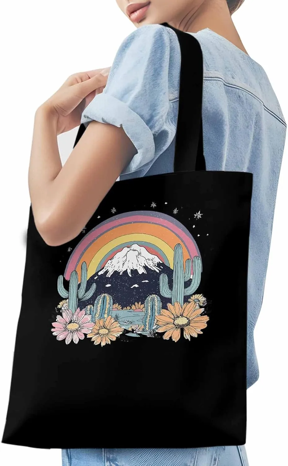 Canvas Tote Bag, Western Mountain Rainbow Cactus Flower patterned Canvas Tote Handbags for Women Shoulder Bag,