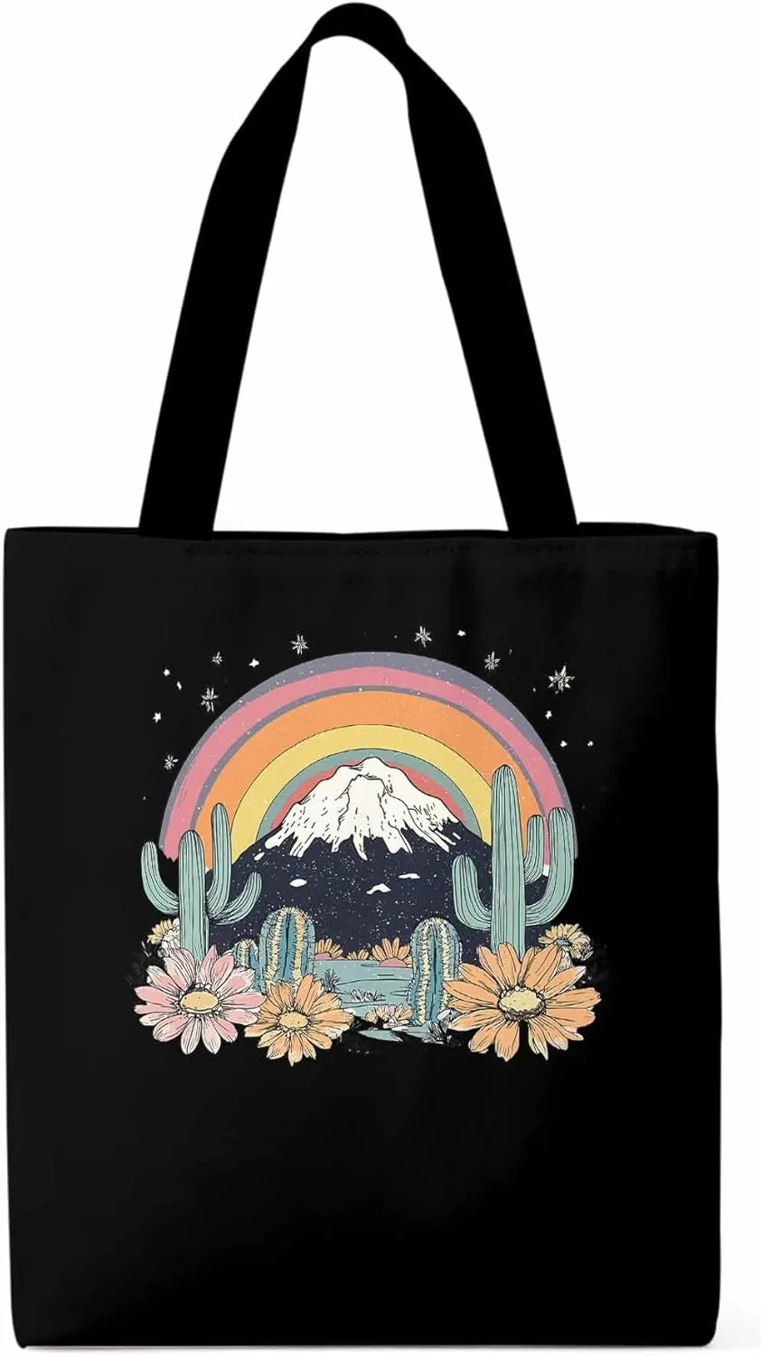 Canvas Tote Bag, Western Mountain Rainbow Cactus Flower patterned Canvas Tote Handbags for Women Shoulder Bag,