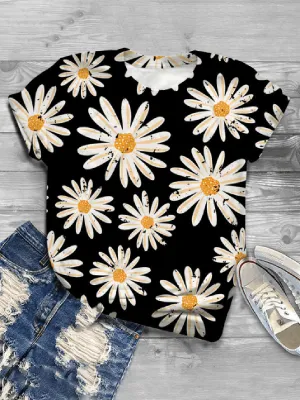 Casual Wild Impression Small Daisy Printed Short-sleeved T-shirt