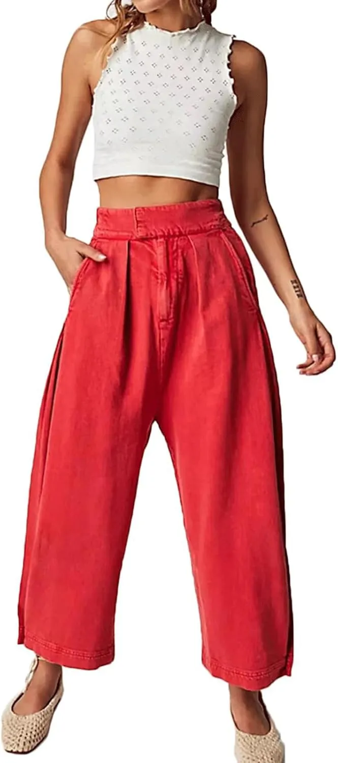 CHARTOU Women's Baggy Barrel Pant Wide Leg Horseshoe Ankle Jeans Mid Rise Harem Y2K Denim Pants with Pockets