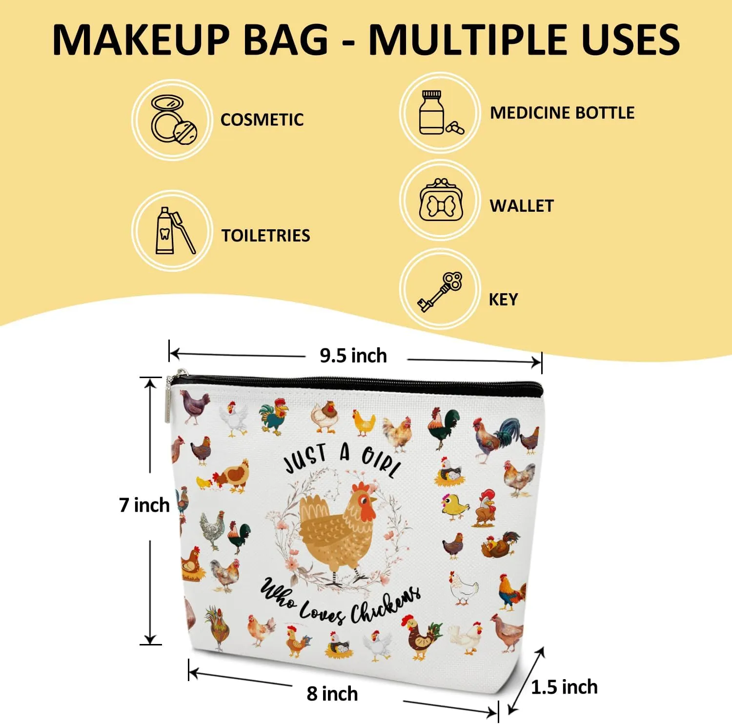 Chickens Gift for Women Makeup Bag, Chicken Lover Gift for Her, Farmer Women, Sister, Daughter, Niece, Friend, Besties, Just A Girl Who Loves Chickens Makeup Bag Travel Toiletry Pouch -16