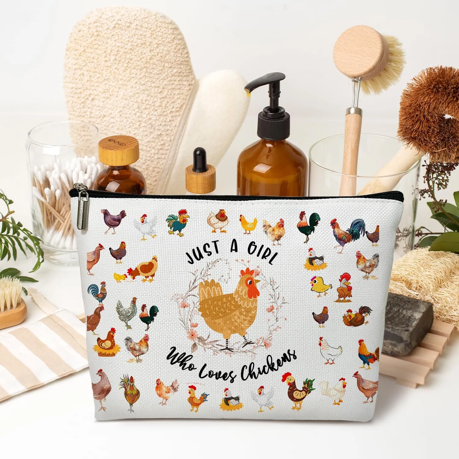 Chickens Gift for Women Makeup Bag, Chicken Lover Gift for Her, Farmer Women, Sister, Daughter, Niece, Friend, Besties, Just A Girl Who Loves Chickens Makeup Bag Travel Toiletry Pouch -16
