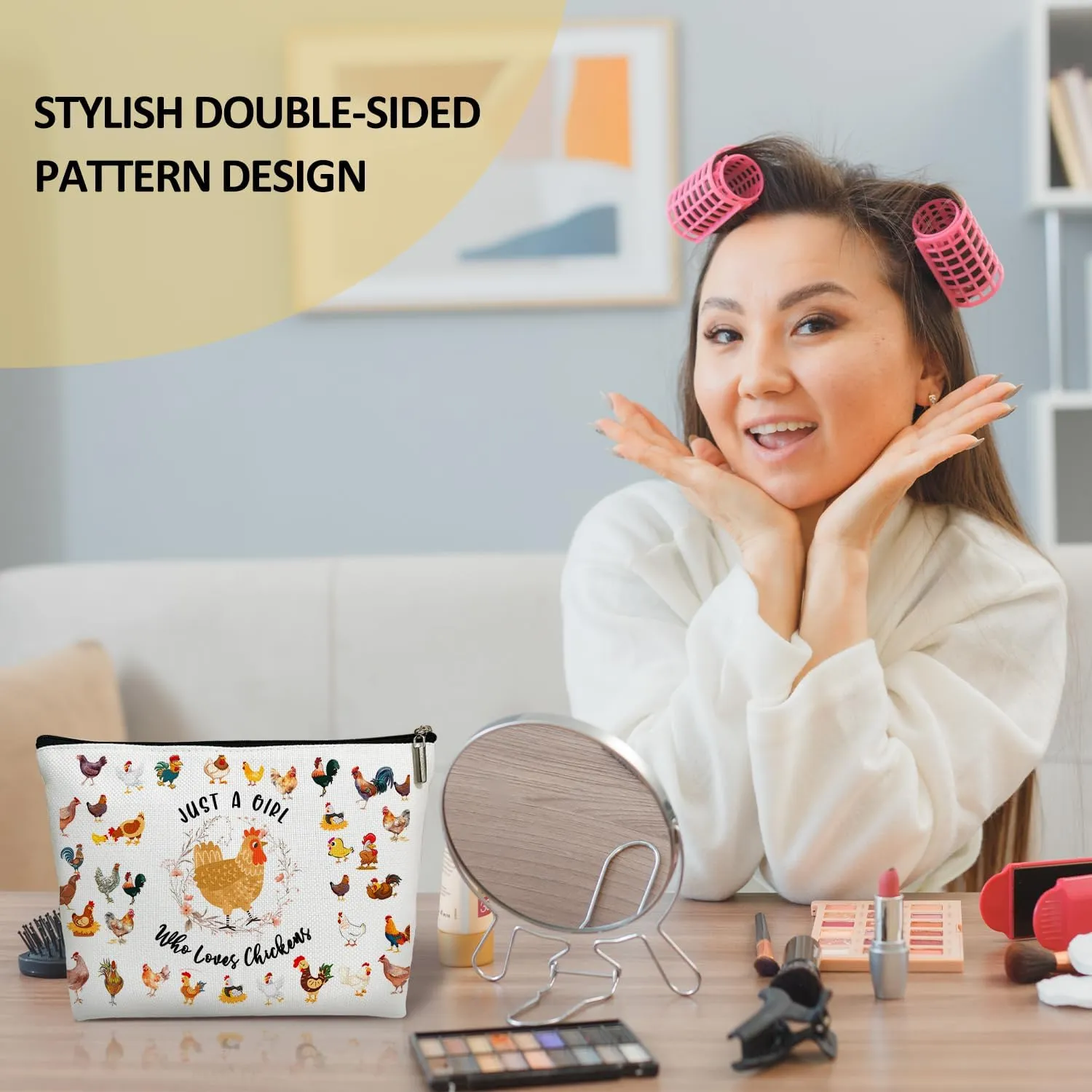 Chickens Gift for Women Makeup Bag, Chicken Lover Gift for Her, Farmer Women, Sister, Daughter, Niece, Friend, Besties, Just A Girl Who Loves Chickens Makeup Bag Travel Toiletry Pouch -16