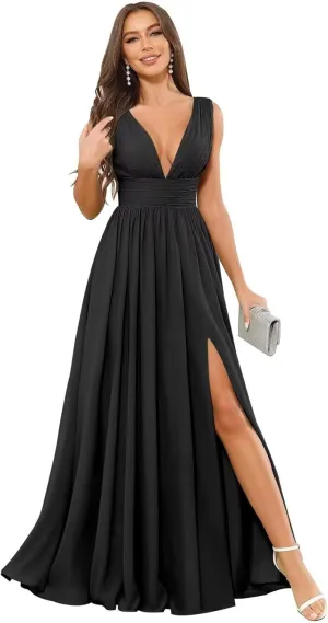 Chiffon Bridesmaid Dresses for Women Sleeveless Ruched V Neck Corset Long Formal Evening Dress with Slit