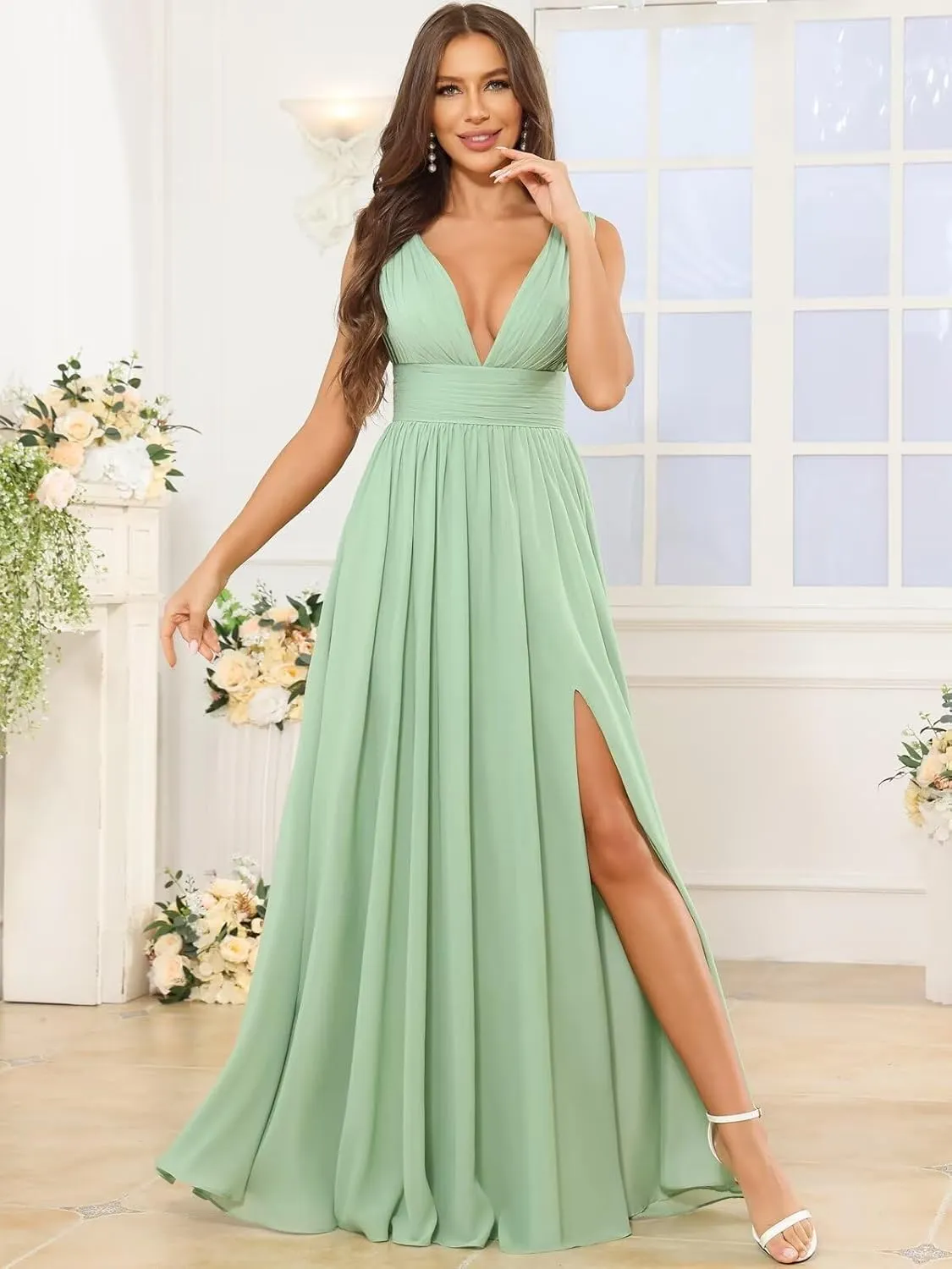Chiffon Bridesmaid Dresses for Women Sleeveless Ruched V Neck Corset Long Formal Evening Dress with Slit