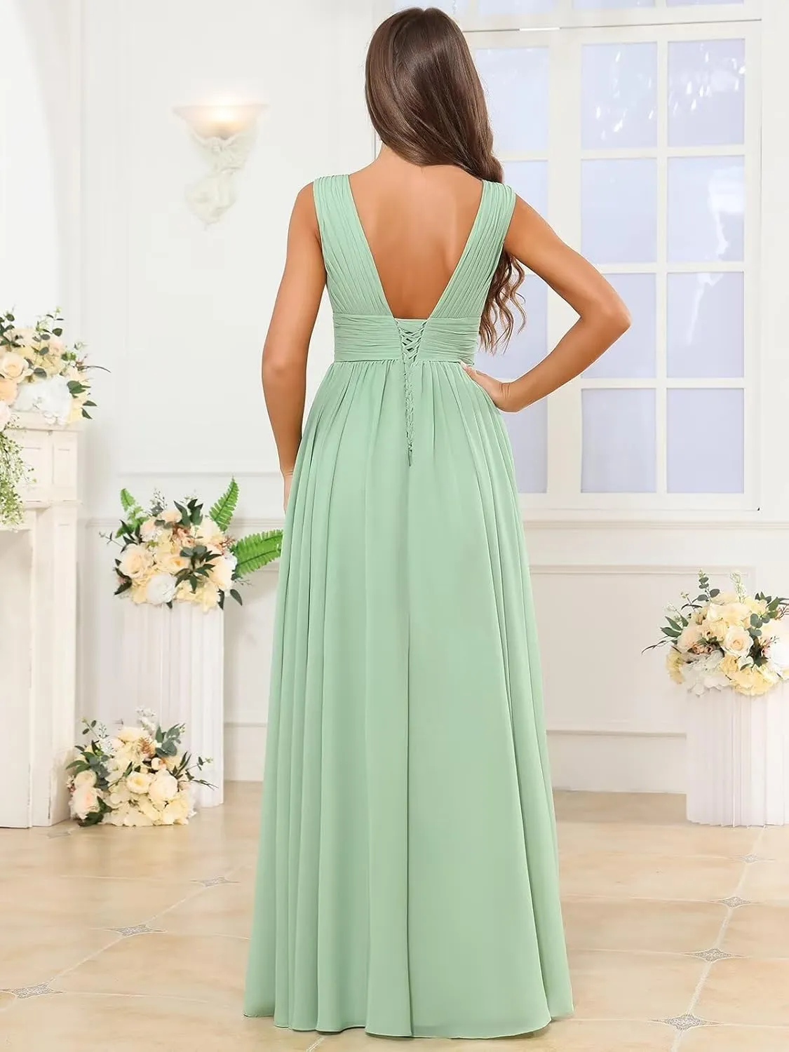 Chiffon Bridesmaid Dresses for Women Sleeveless Ruched V Neck Corset Long Formal Evening Dress with Slit