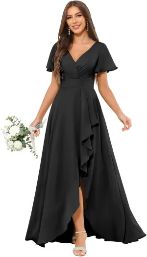 Chiffon Bridesmaid Dresses with Sleeves Slit for Women Ruffle Ruched V Neck Long Formal Evening Prom Gowns
