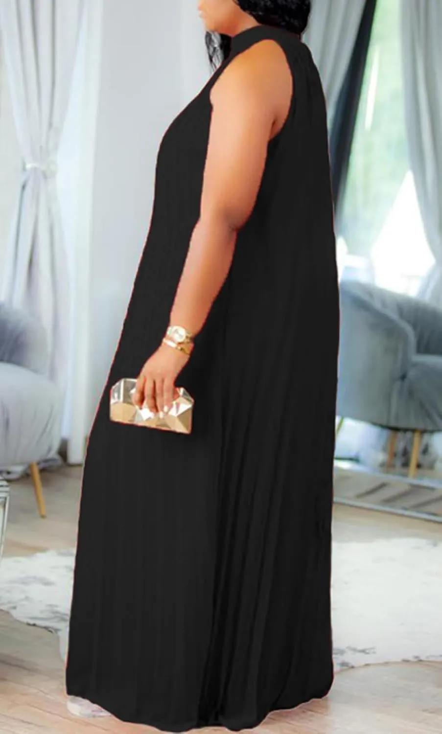 Choichic Plus Size Maxi Dresses for Women Sleeveless Halter Neck Chiffon Pleated Loose Flowy Long Summer Beach Dresses