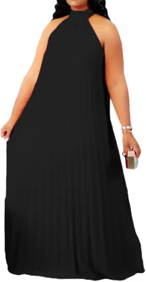 Choichic Plus Size Maxi Dresses for Women Sleeveless Halter Neck Chiffon Pleated Loose Flowy Long Summer Beach Dresses