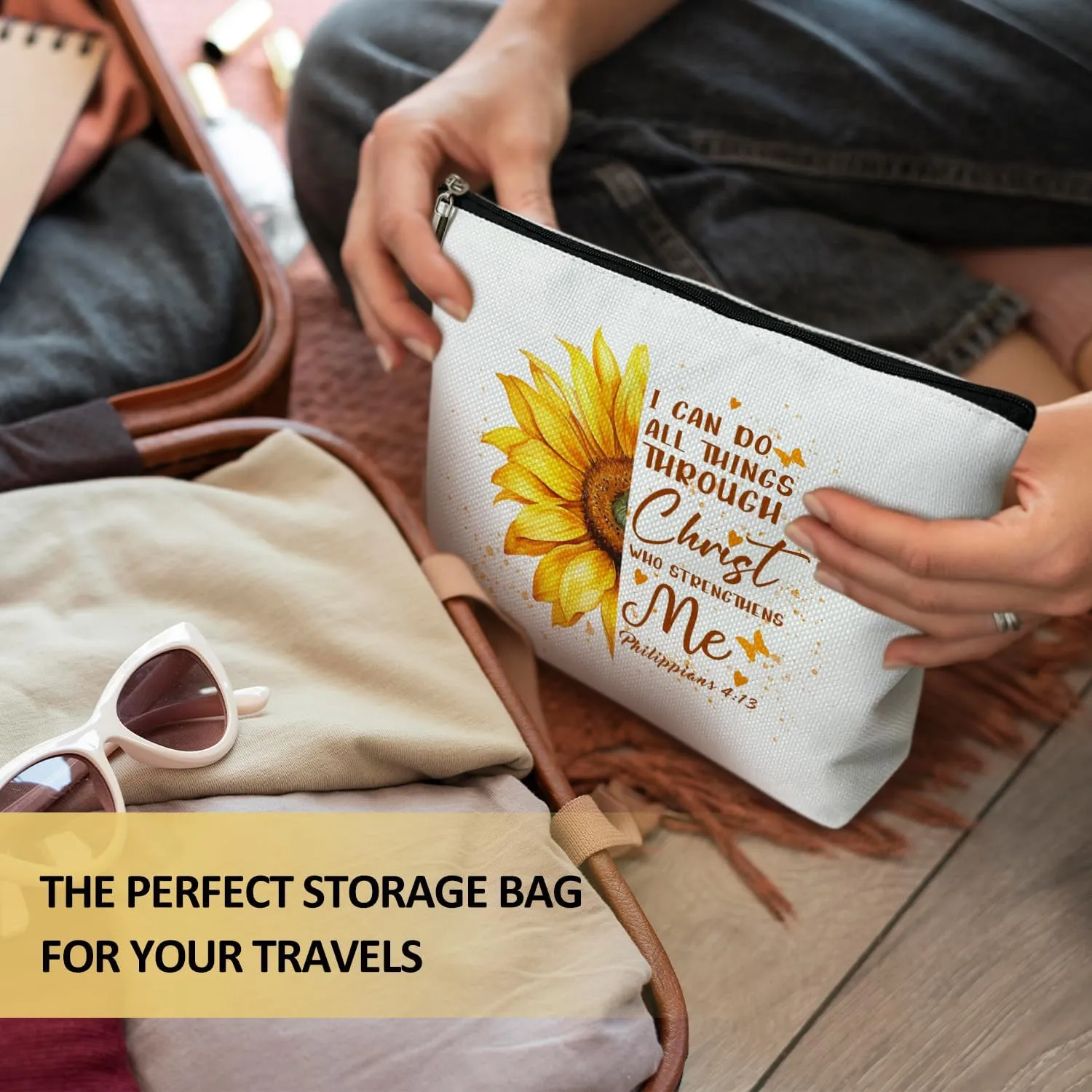 Christian Gift for Women Makeup Bag, Scripture Bible Gift for Her, Mom, Daughter, Wife, Grandma, Teacher, I Can Do All This Through Christ - Sunflower Butterfly Makeup Bag Travel Toiletry Pouch -03