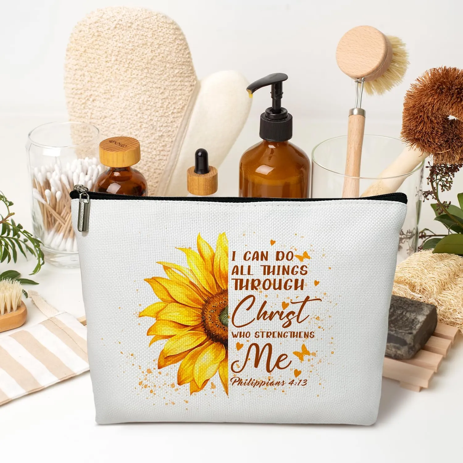 Christian Gift for Women Makeup Bag, Scripture Bible Gift for Her, Mom, Daughter, Wife, Grandma, Teacher, I Can Do All This Through Christ - Sunflower Butterfly Makeup Bag Travel Toiletry Pouch -03
