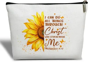Christian Gift for Women Makeup Bag, Scripture Bible Gift for Her, Mom, Daughter, Wife, Grandma, Teacher, I Can Do All This Through Christ - Sunflower Butterfly Makeup Bag Travel Toiletry Pouch -03