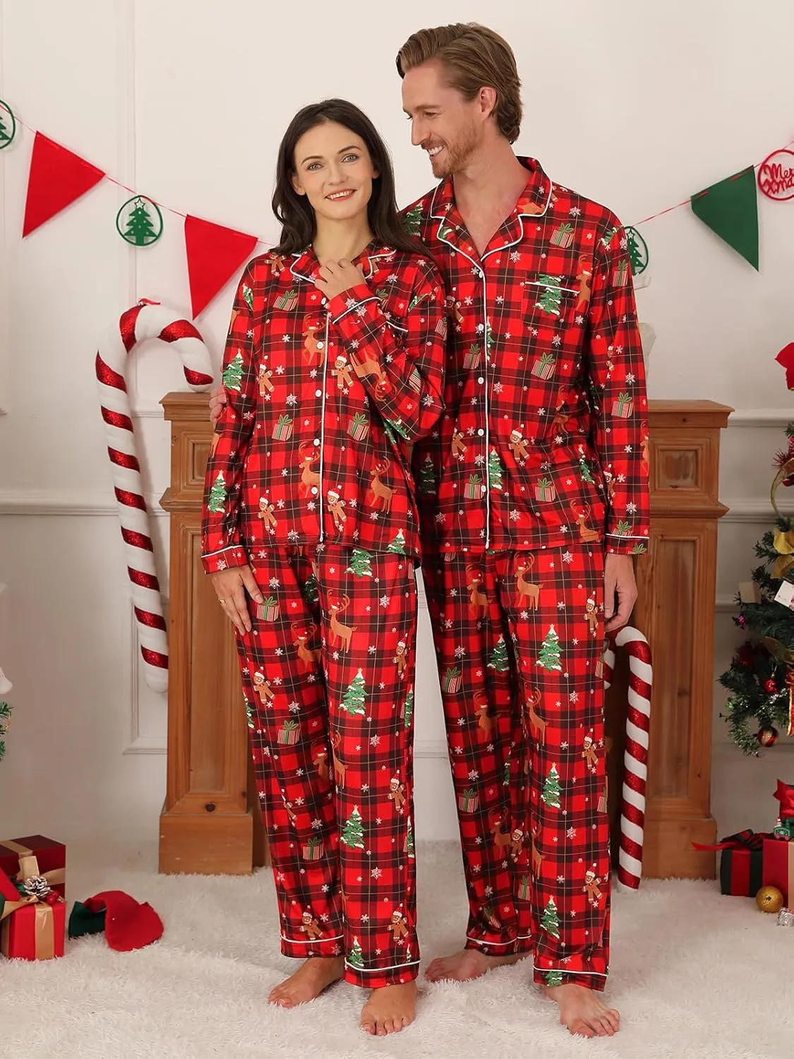 Christmas Matching Pajamas for Couples Women Men Button Down Pjs Set Festival Party Sleepwear Loungewear Set
