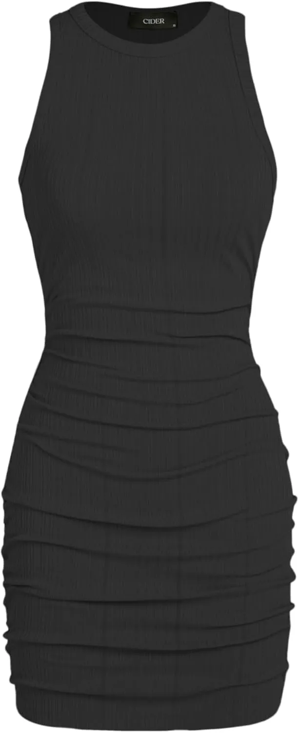 CIDER Women Mini Dresses Bodycon Crew Neck Sleeveless Ruched Summer Short Tank Dresses Going Out Casual Oufits