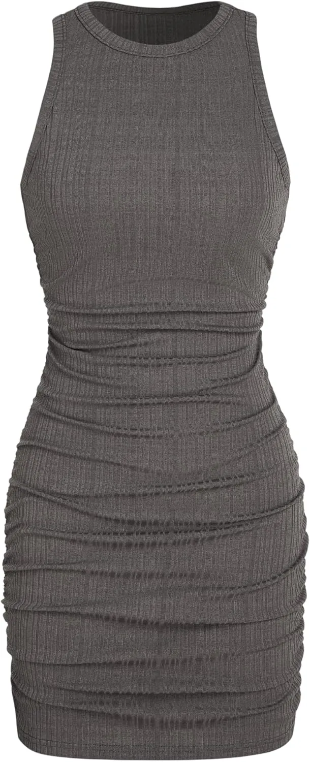 CIDER Women Mini Dresses Bodycon Crew Neck Sleeveless Ruched Summer Short Tank Dresses Going Out Casual Oufits