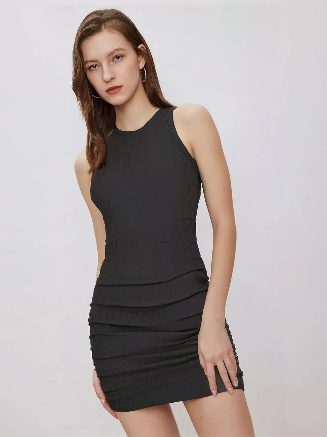 CIDER Women Mini Dresses Bodycon Crew Neck Sleeveless Ruched Summer Short Tank Dresses Going Out Casual Oufits