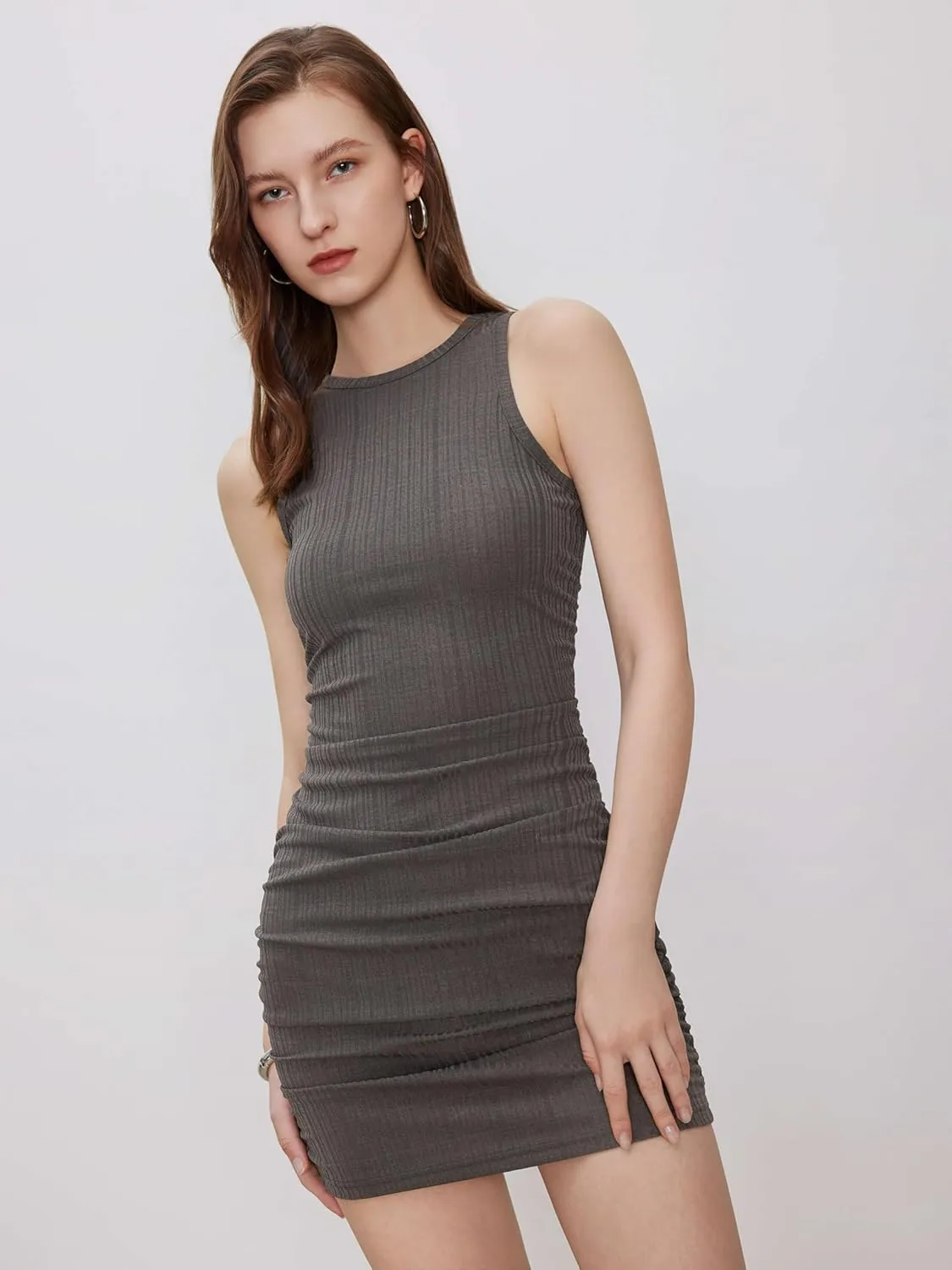 CIDER Women Mini Dresses Bodycon Crew Neck Sleeveless Ruched Summer Short Tank Dresses Going Out Casual Oufits