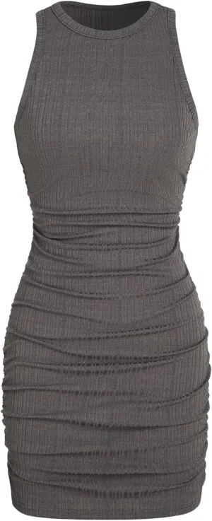 CIDER Women Mini Dresses Bodycon Crew Neck Sleeveless Ruched Summer Short Tank Dresses Going Out Casual Oufits