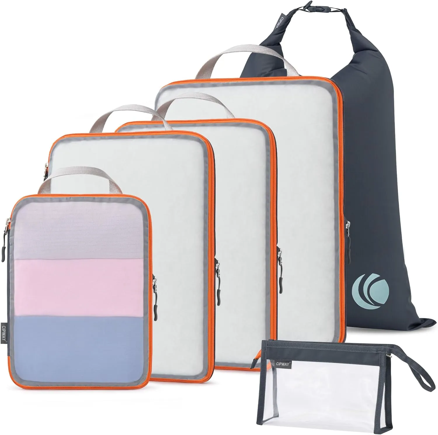 Cipway Compression Packing Cubes, See Through Mesh Luggage Organizer Bags, Travel Essentials for Carry on Suitcase with Laundry Bag and Clear Toiletries Bag6Pcs,Grey