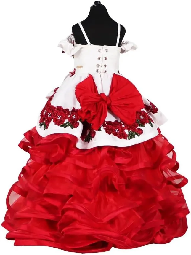 Cold Shoulder 3D Floral Flowers Ruffles Satin A line Little Girls Pageant Wedding Party Dresses with Sleeves 2025