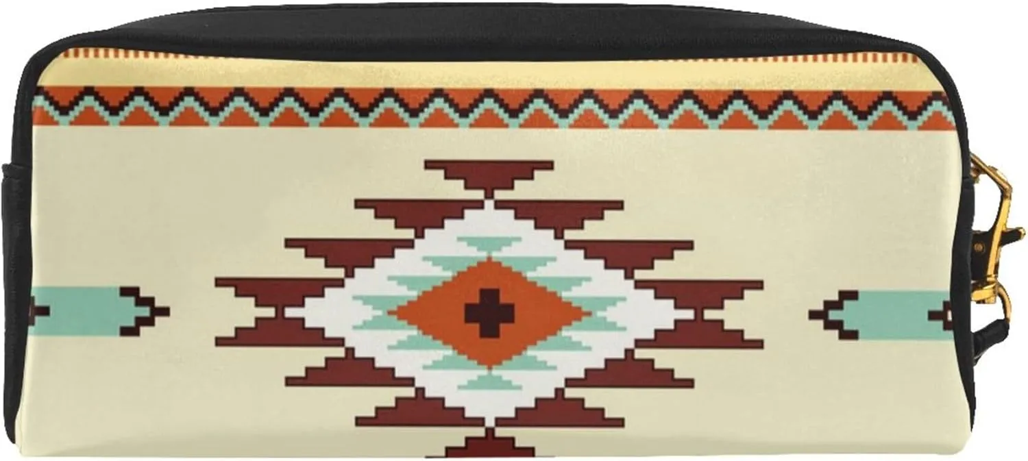 Cosmetic Pouch Travel Clutch Makeup Bag Pencil Case Purse with Wristlet Hanging Strap, PU Leather Cosmetic Bag Case Compatible with Ethnic Geometric Pattern Mexican Tribal