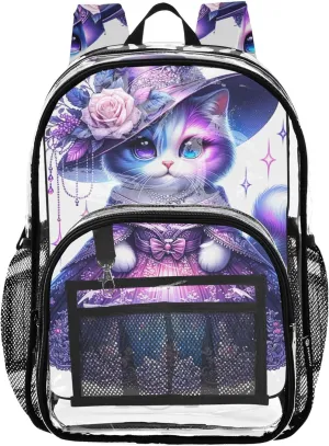Cute Cat Fashion Kitten Travel Clear Bags for Women Kids Backpack for Girls Plastic Transparent Bookbag