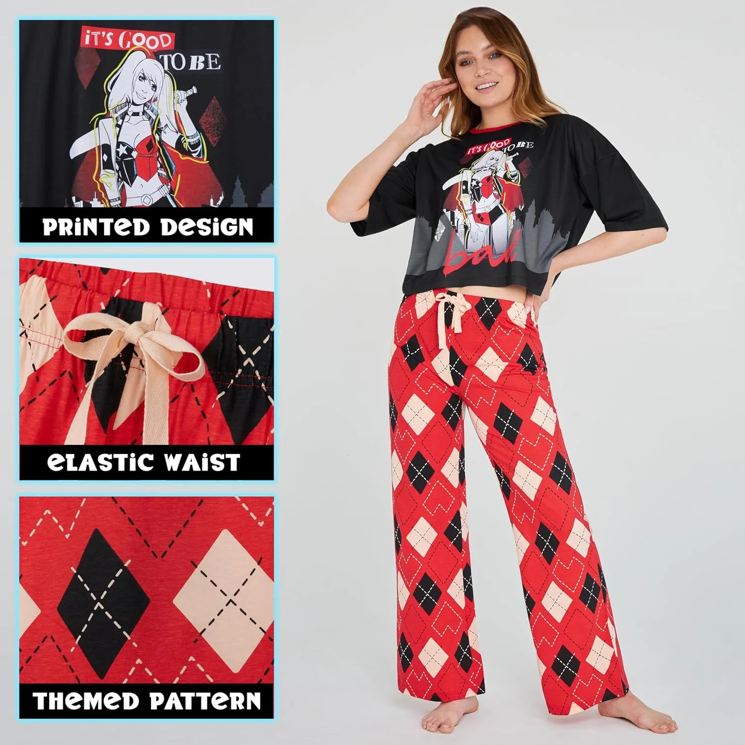 DC Comics Harley Quinn Women's Long Pajama Set, Soft Breathable Loungewear