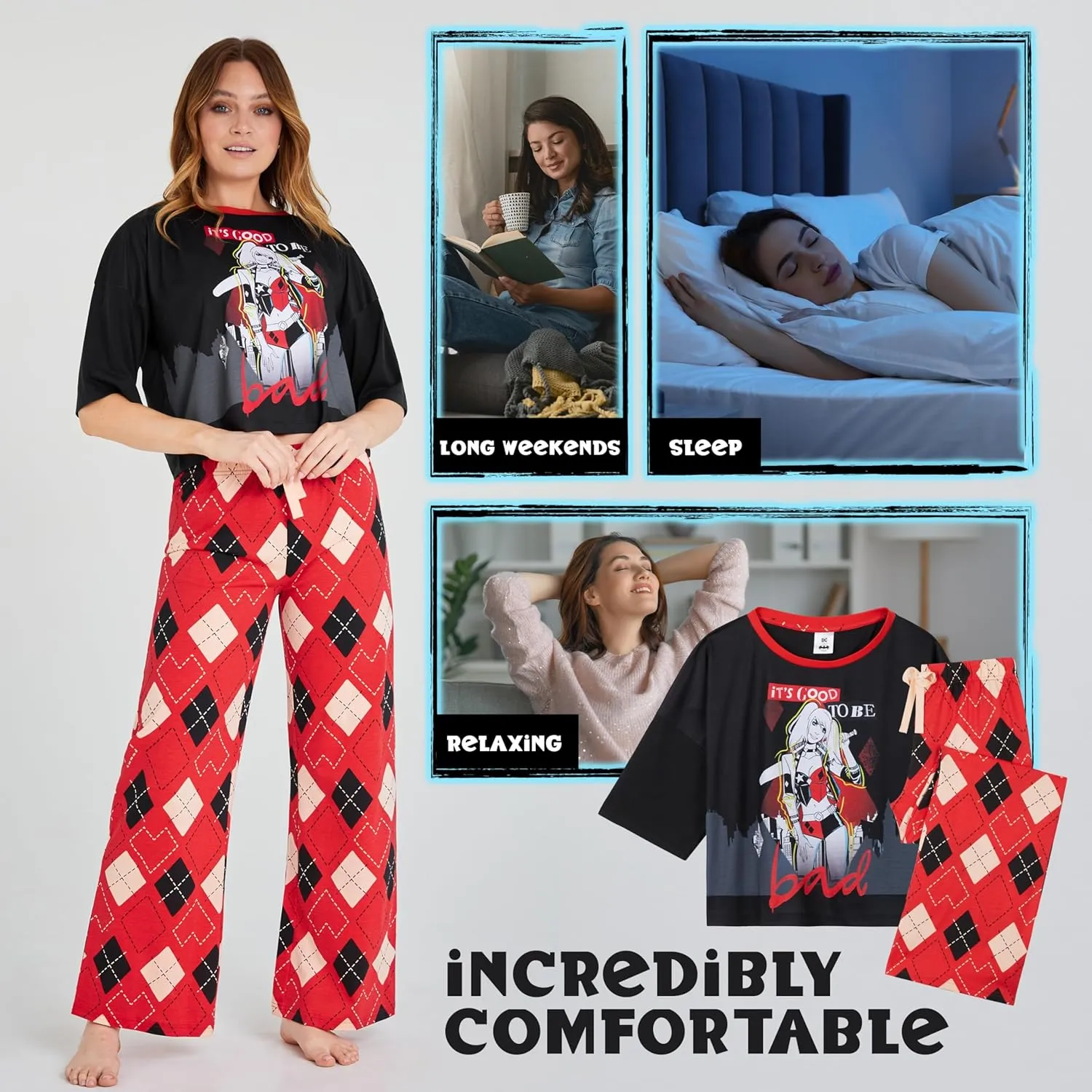 DC Comics Harley Quinn Women's Long Pajama Set, Soft Breathable Loungewear