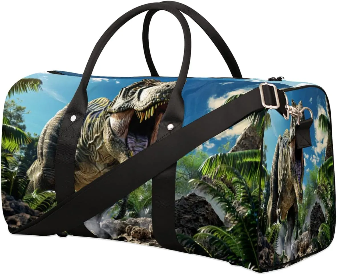 Dinosaur Pattern Travel Duffel Bag for Women Men, Dinosaur Tropical Plant Sport Tote Gym Bag Foldable Weekender Overnight Bag Waterproof Carry On Luggage Bag
