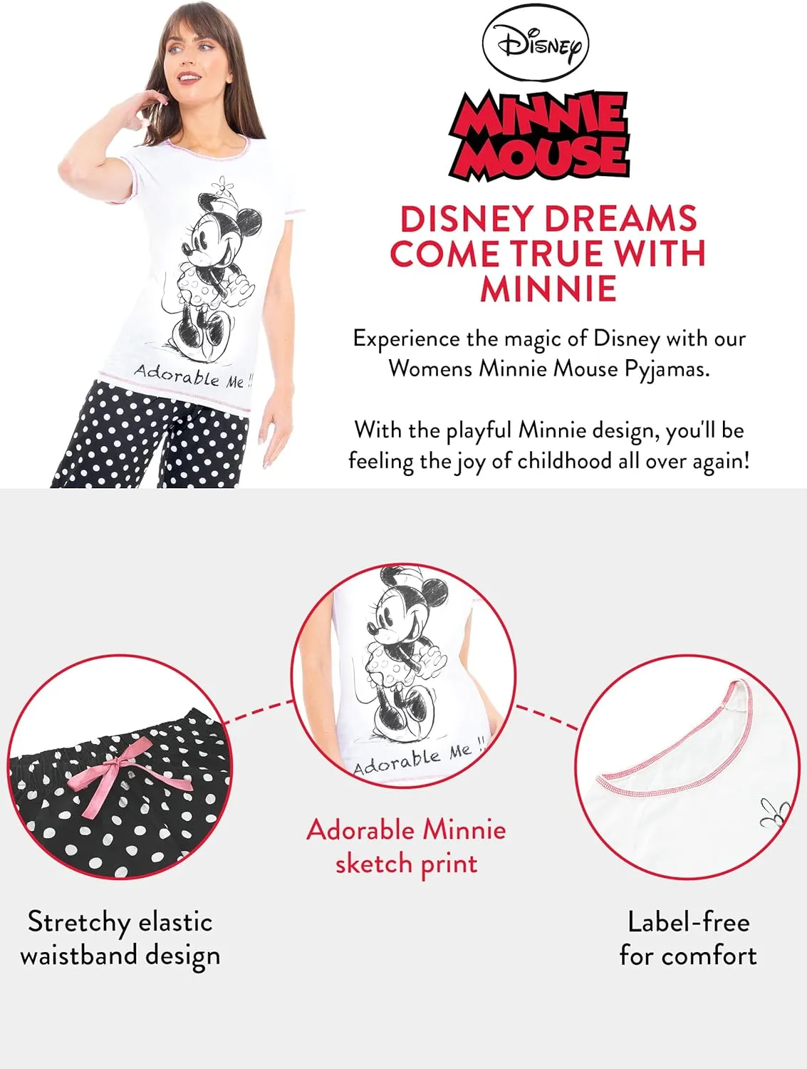 Disney Womens Pajamas | Minnie Mouse Pajama Set | Cotton Pajamas for Women