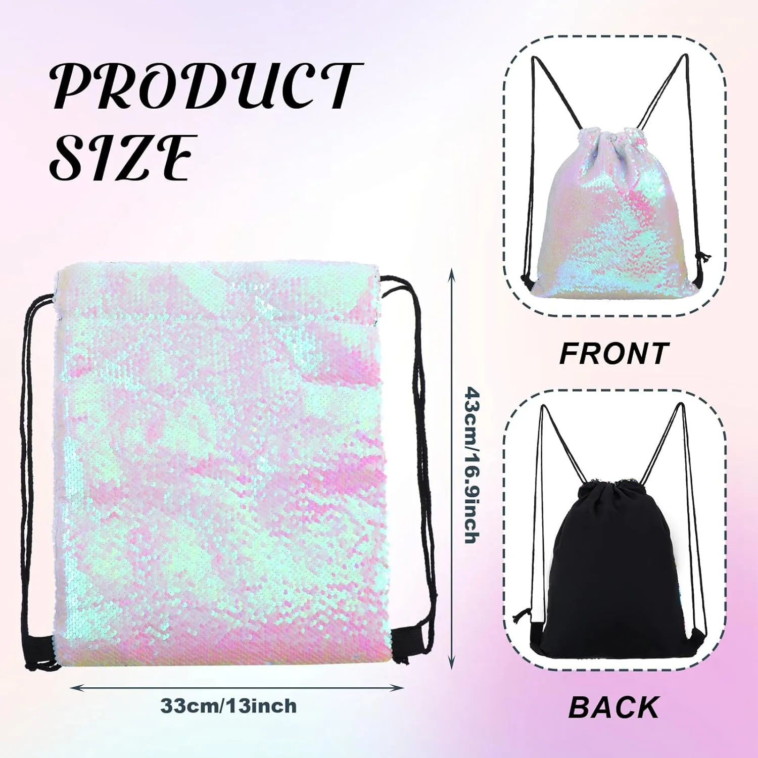 Drawstring Backpack Bag, Pink Sequin Draw String Backpack Foldable Back Pack Drawstring Bags for Gym, Sports, Swimming, Yoga