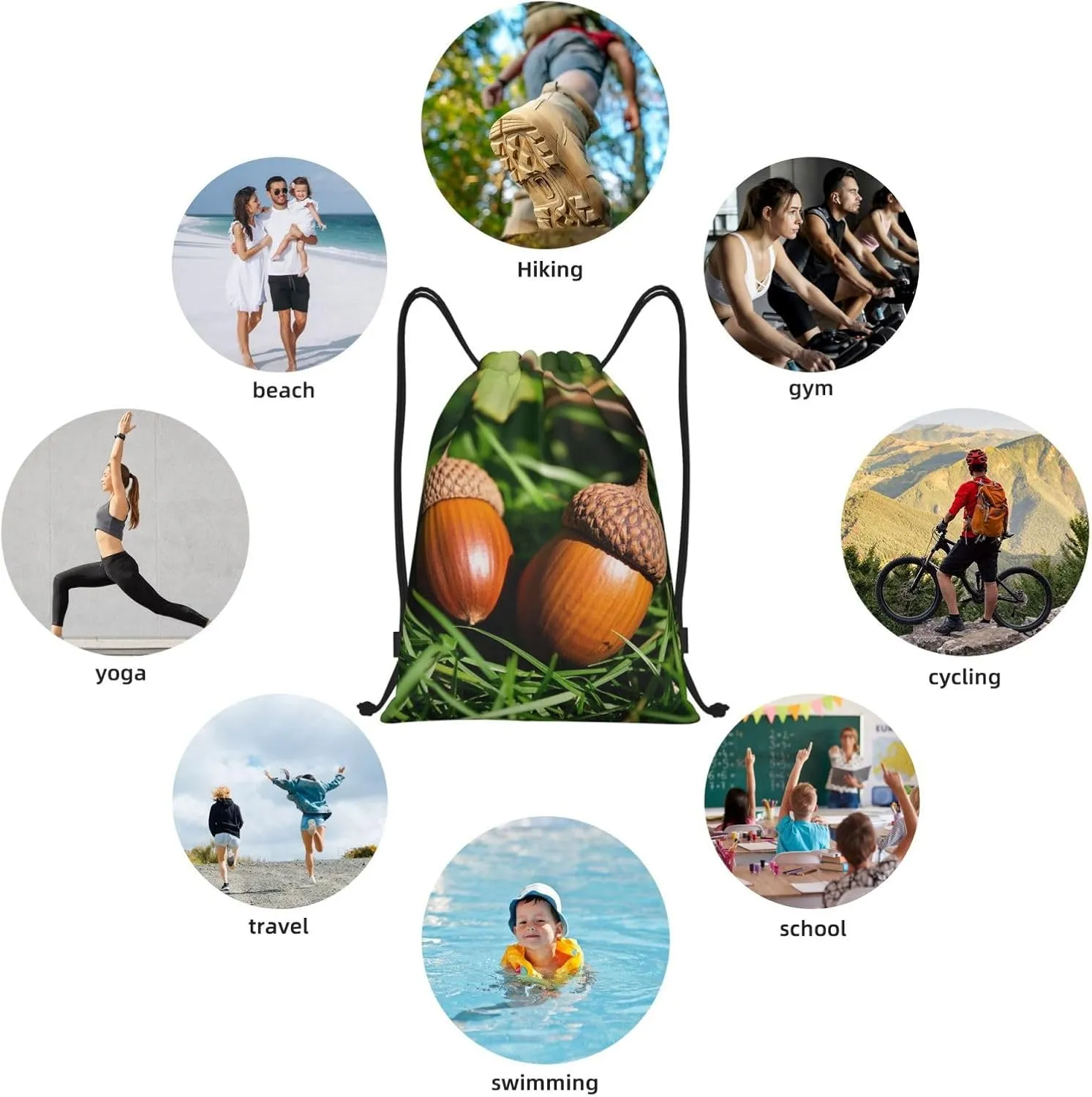 Drawstring Backpack Foldable String Bag Two acorns Resistant Sackpack Sports Gym Bag for Shopping Yoga