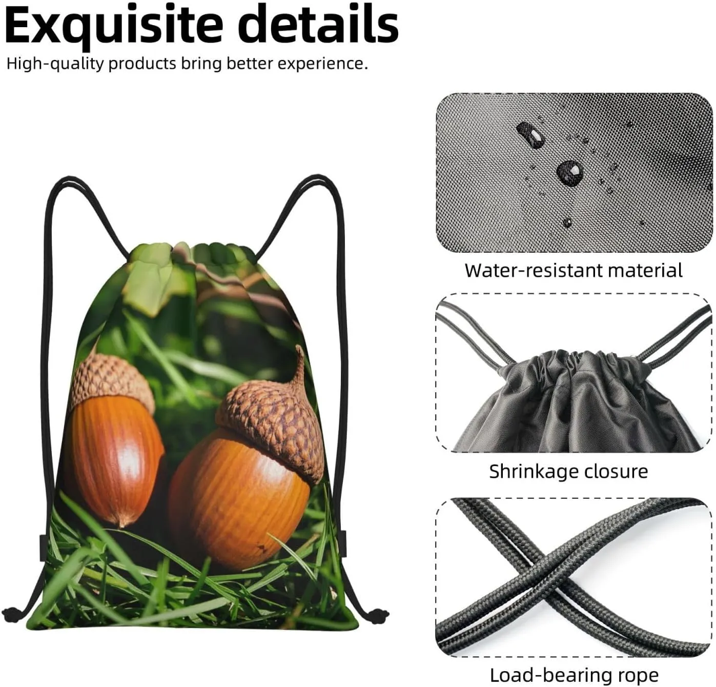 Drawstring Backpack Foldable String Bag Two acorns Resistant Sackpack Sports Gym Bag for Shopping Yoga