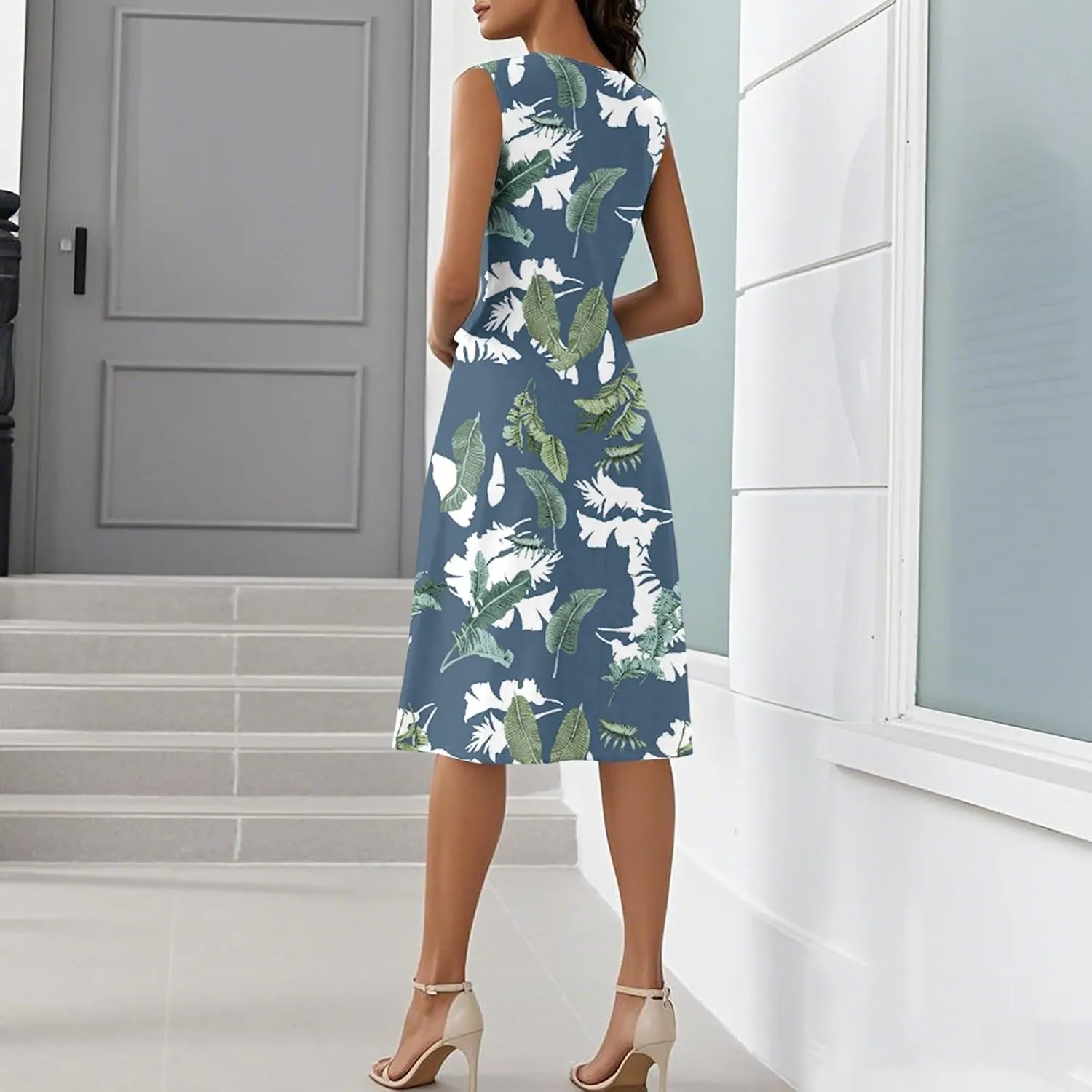 Dresses for Women Summer Elegant Wrap V Neck Sleeveless Floral Boho Dress Ruched Button Bodycon Sexy Midi Sundress