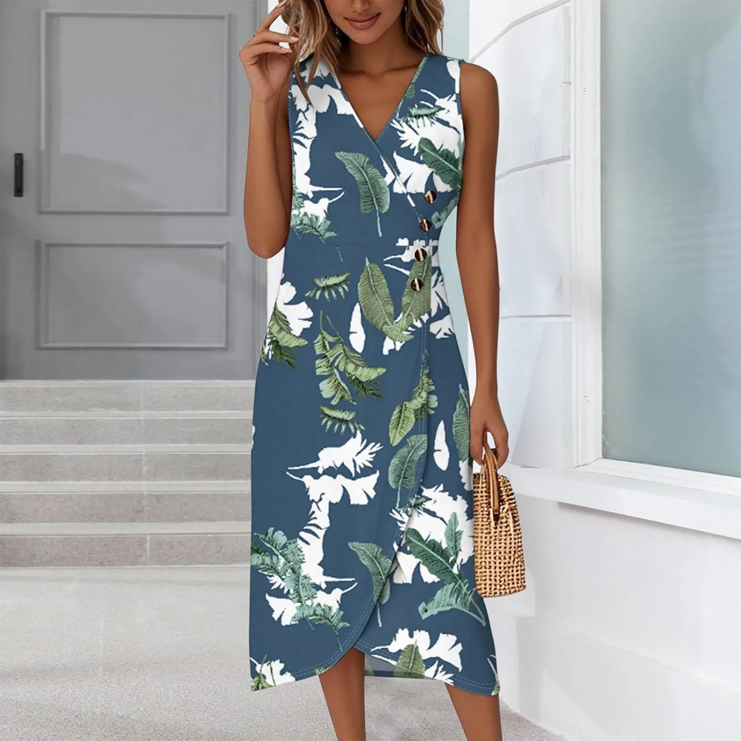Dresses for Women Summer Elegant Wrap V Neck Sleeveless Floral Boho Dress Ruched Button Bodycon Sexy Midi Sundress
