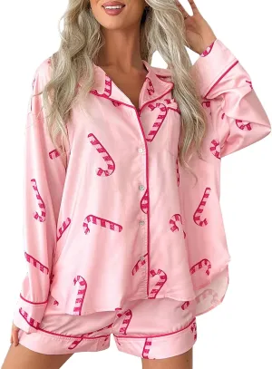 DSORVICD Women Holiday Christmas Pajama Set Long Sleeve Button Down Shirt and Shorts Silk Pj Set 2 Piece Xmas Jammies