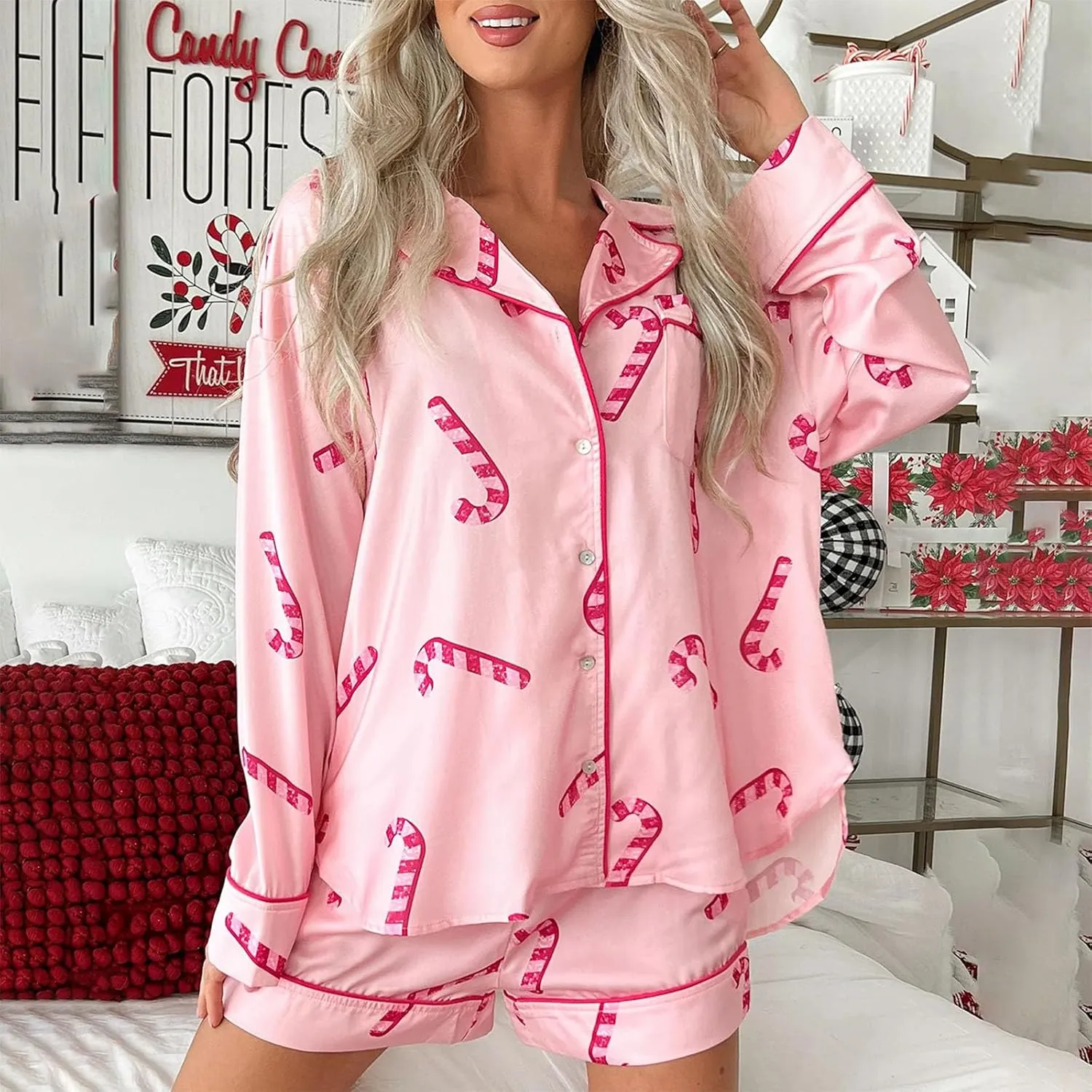 DSORVICD Women Holiday Christmas Pajama Set Long Sleeve Button Down Shirt and Shorts Silk Pj Set 2 Piece Xmas Jammies