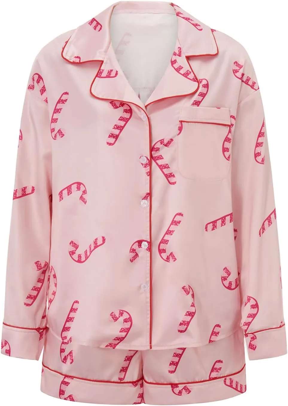 DSORVICD Women Holiday Christmas Pajama Set Long Sleeve Button Down Shirt and Shorts Silk Pj Set 2 Piece Xmas Jammies