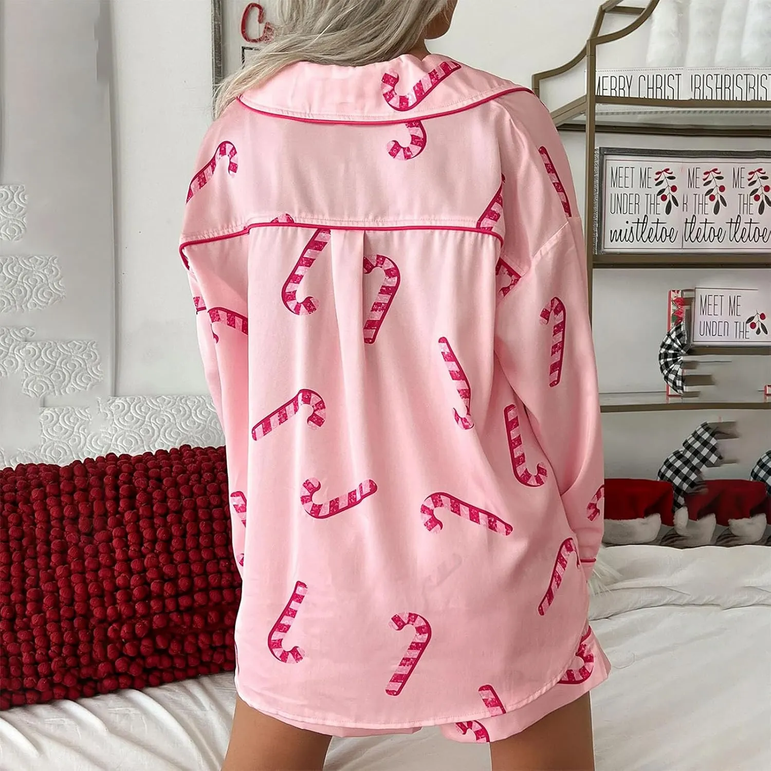 DSORVICD Women Holiday Christmas Pajama Set Long Sleeve Button Down Shirt and Shorts Silk Pj Set 2 Piece Xmas Jammies