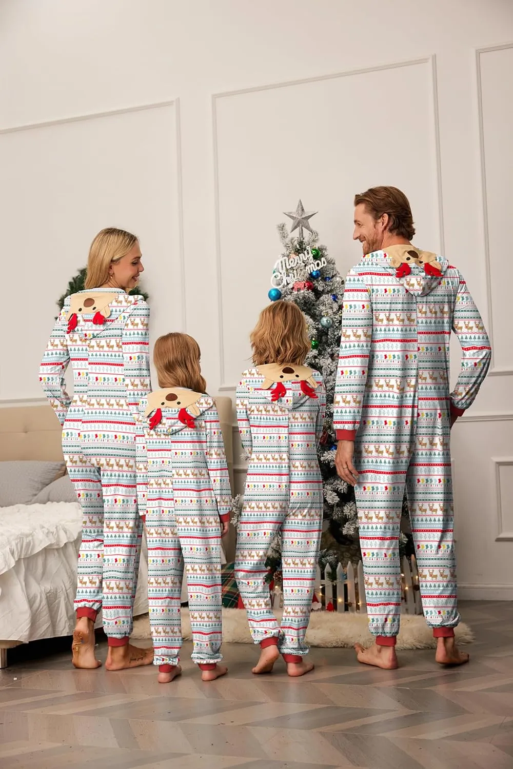 Ekouaer Christmas Onesie Matching Family Elk Antler Hooded Zipper One Piece Long Sleeve Pajamas with Pockets S-XXL
