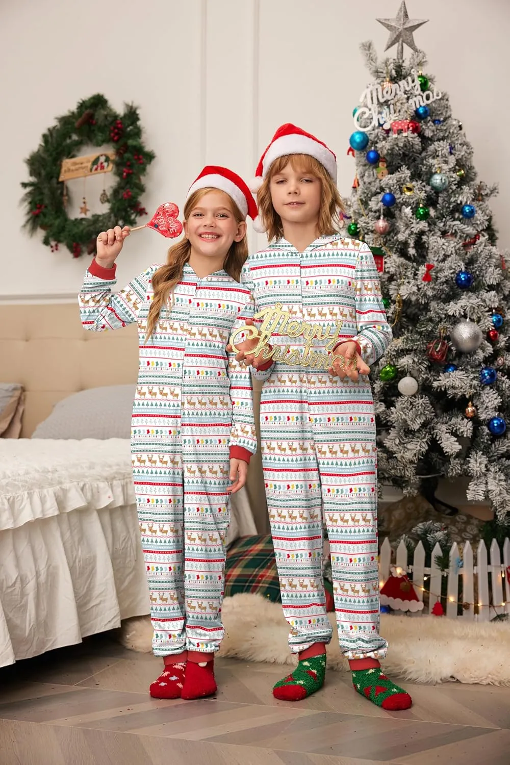 Ekouaer Christmas Onesie Matching Family Elk Antler Hooded Zipper One Piece Long Sleeve Pajamas with Pockets S-XXL