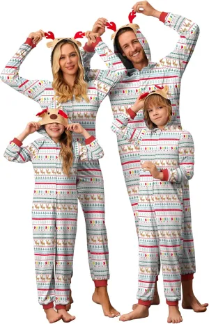 Ekouaer Christmas Onesie Matching Family Elk Antler Hooded Zipper One Piece Long Sleeve Pajamas with Pockets S-XXL