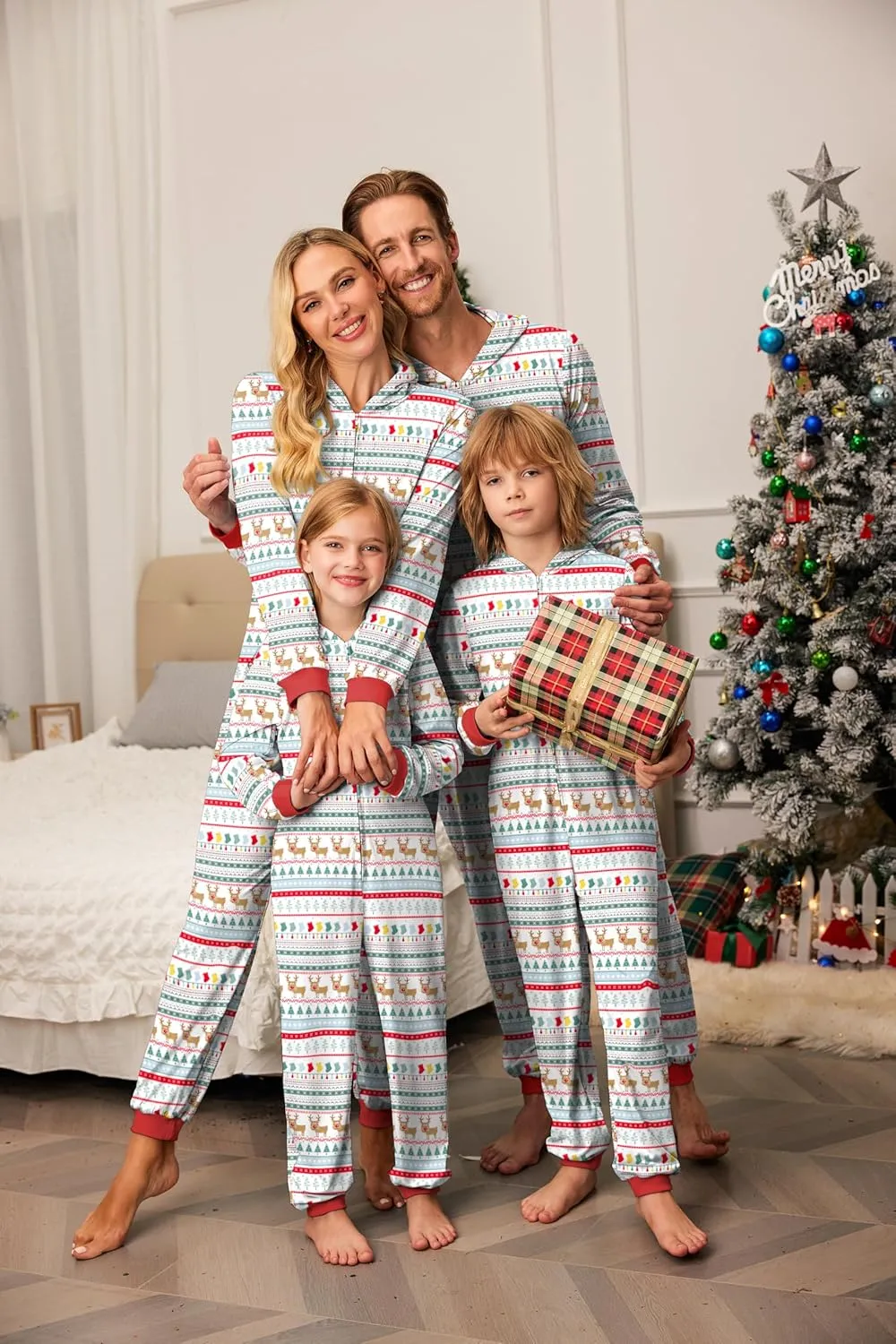 Ekouaer Christmas Onesie Matching Family Elk Antler Hooded Zipper One Piece Long Sleeve Pajamas with Pockets S-XXL