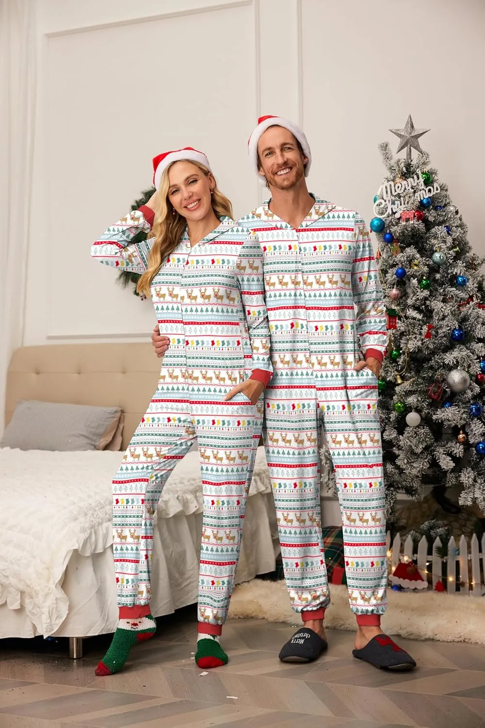 Ekouaer Christmas Onesie Matching Family Elk Antler Hooded Zipper One Piece Long Sleeve Pajamas with Pockets S-XXL