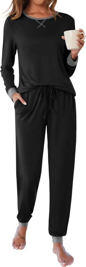 Ekouaer Women's Pajamas Sets Long Sleeve Pjs Soft Sleepwear O Neck 2 Piece Joggers Loung Set with Pockets Black Large